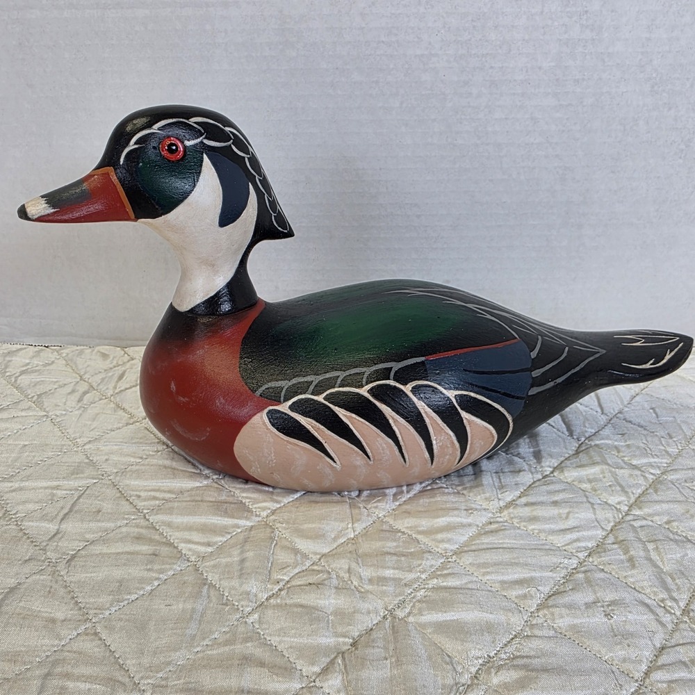 Vintage Wooden Duck Decoy Hand Carved Painted Wood Drake With Glass Eyes